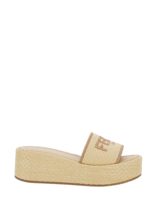 Fendi Natural Sandals With Logo Lettering On The Front