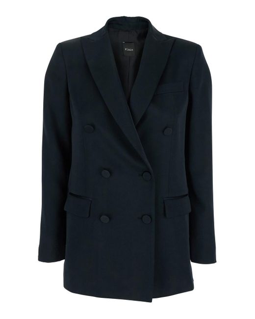Plain Blue Double-Breasted Jacket With Peak Revers