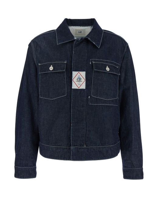 C P Company Blue Jacket With Classic Collar And Logo Patch On The Front for men