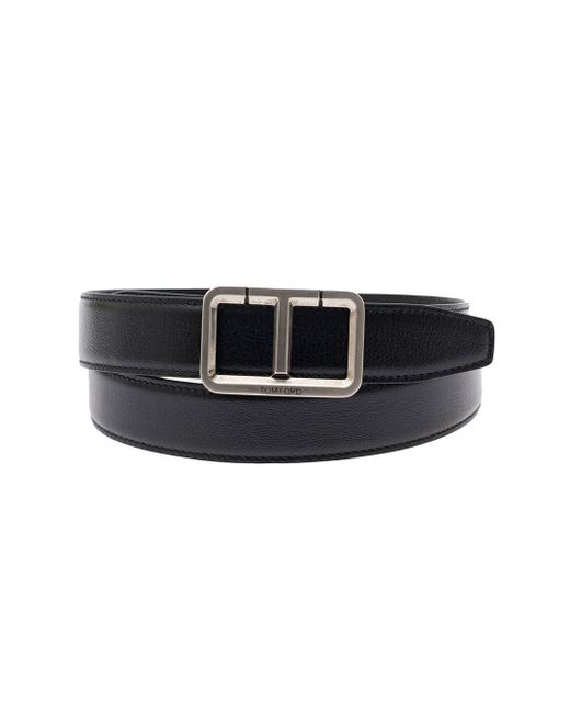 Tom Ford Black Belt With T Buckle In Smooth Leather Man for men