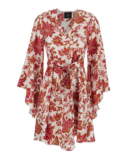 Etro Red Dress With V-Neck And Waist Knot