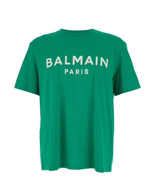 Balmain Green Crewneck T-Shirt With Logo Lettering Print On The Front for men