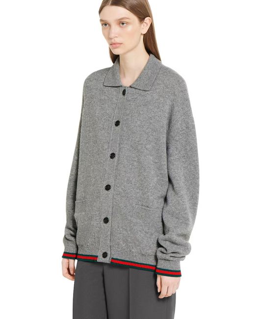 Gucci Gray Cardigan With Pointed Collar And Web Detailing On Edges