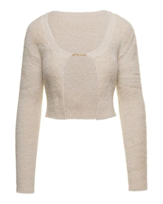 Jacquemus Natural 'la Maille Neve Manches Long' Fluffy Cardigan With Charm Logo Woman