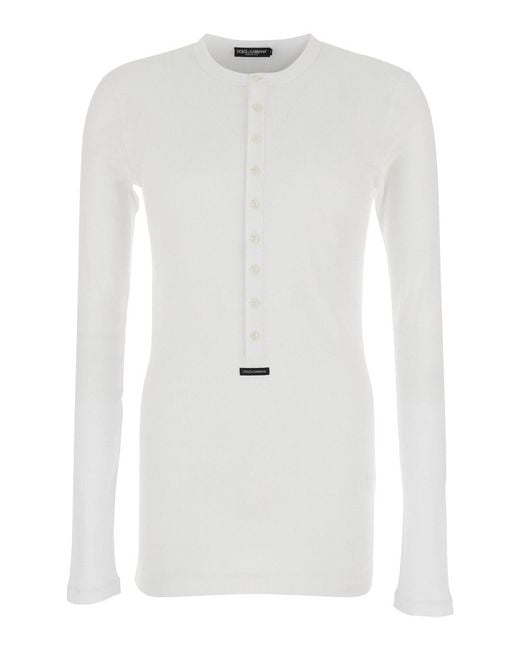 Dolce & Gabbana White 'Serafino' Crew Neck T-Shirt With Long Sleeves And Logo Patch On The Front for men