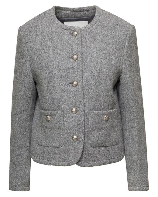 DUNST Gray Classic Tweed Jacket With Round Neck And Branded Buttons In Wool Blend