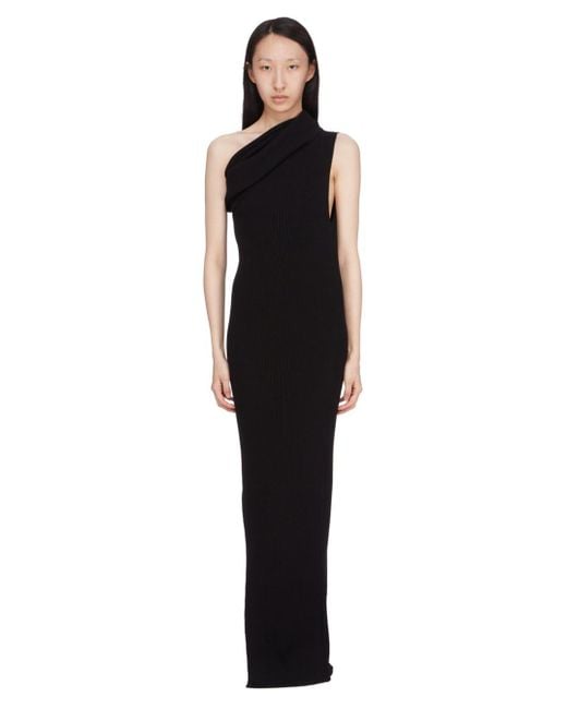 Rick Owens Black One-Shoulder Rib Knit Dress With Playful Side Vent