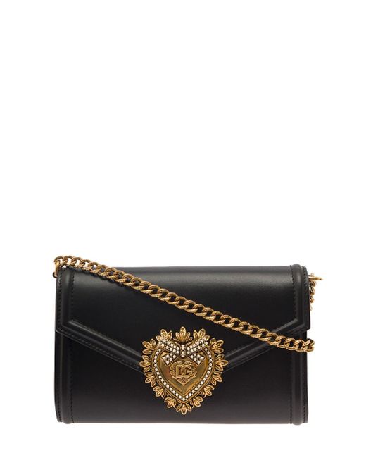 Dolce & Gabbana Black 'mini Devotion' Shoulder Bag With Heart Jewel Detail In Smooth Leather Woman