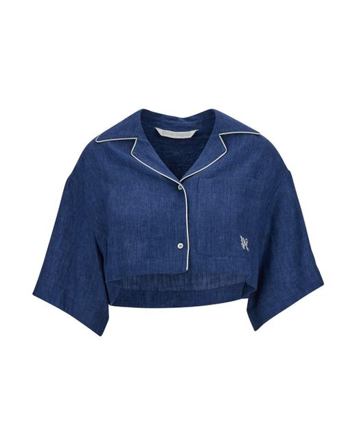 Palm Angels Blue Cropped Shirt With Embroidered Logo
