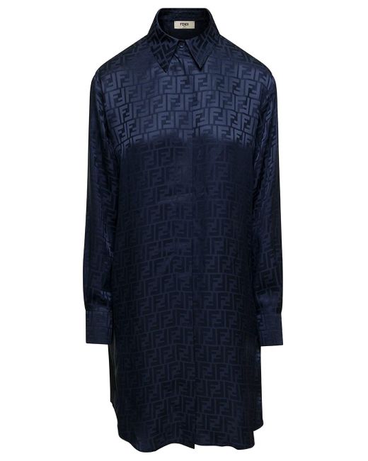 Fendi Blue E Chemisier Dress With All-over Ff Logo Print In Silk