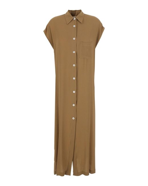 Grifoni Natural Long Dress With Classic Collar And Button Closure On The