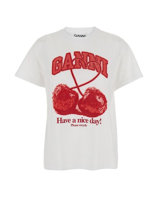 Ganni White Crew Neck T-Shirt With Large Logo Lettering And Cherries O