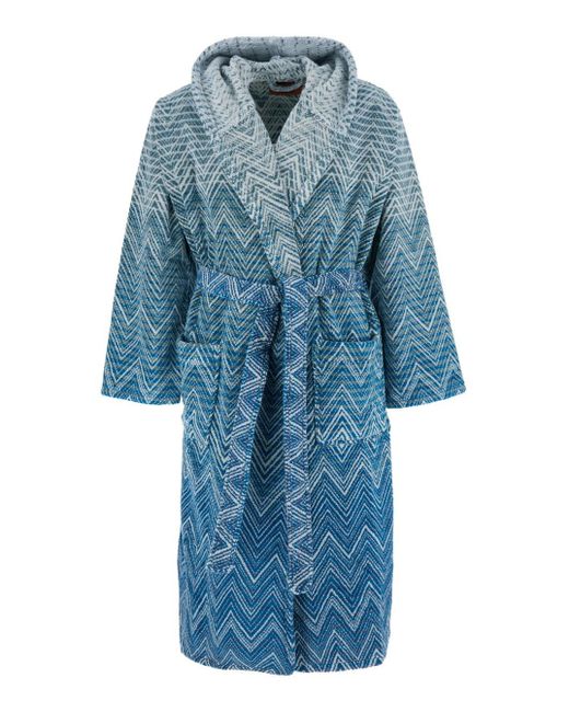 Missoni Blue 'Stone' Bathrobe With Hood And All-Over Zigzag Motif