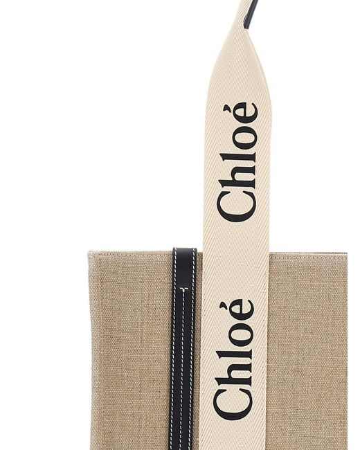 Borsa tote 'woody' media con nastro multicolor in pelle e lino donna chloé di Chloé in Natural