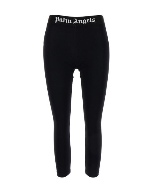 Palm Angels Black Cropped Leggings With Logo Waistband