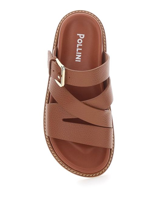 Pollini Brown Leather Open Toe Sandals With Buckle Closure For