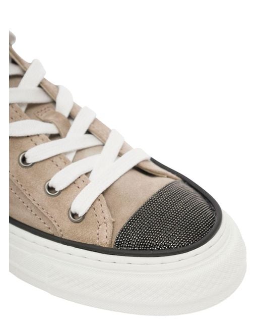 Brunello Cucinelli White Low Top Sneakers With Monile Embellishment In