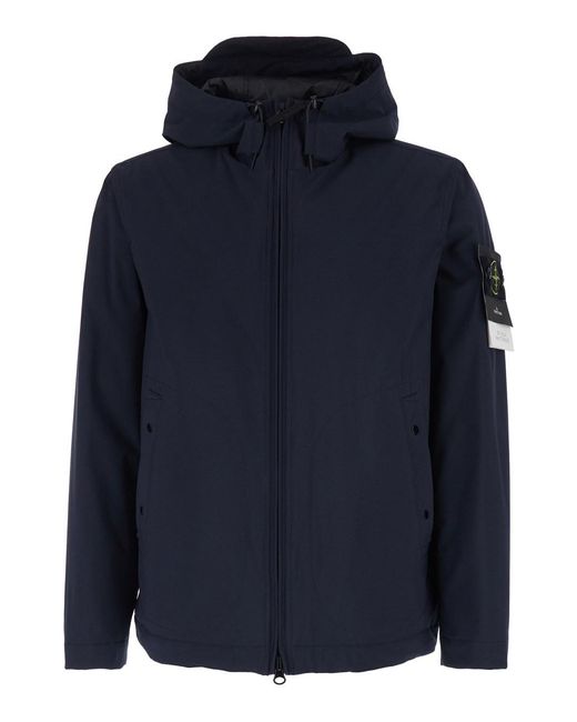 Stone Island Blue Jacket With Fixed Hood And Logo Patch On The Sleeve for men