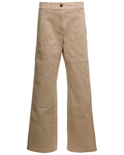 Palm Angels Natural Embroidered Straight-Leg Trousers
