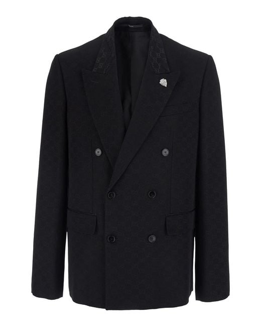 Gucci Blue Double-Breasted Jacket With Peak Revers And Gg Motif for men