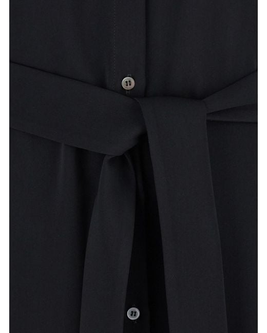 Le Plain Black Long Dress With Classic Collar And Front Button Closure