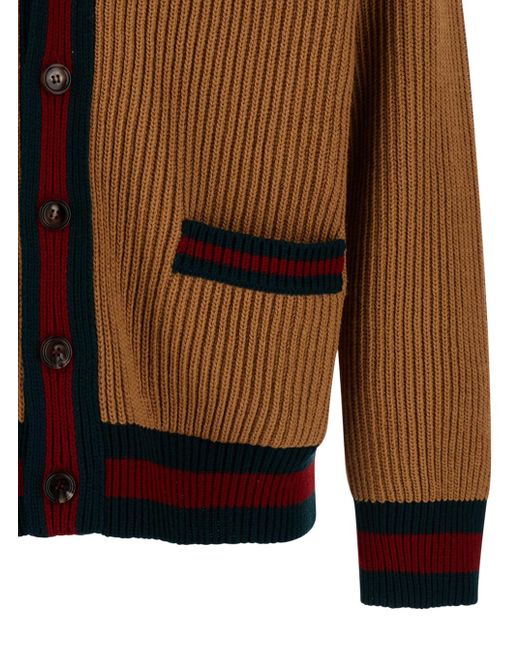 Gucci Brown Camel V-Neck Cardigan With Web Stripe Detail for men