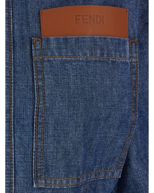 Fendi Blue Dress With Classic Collar And Leather Logo Patch On The Fro