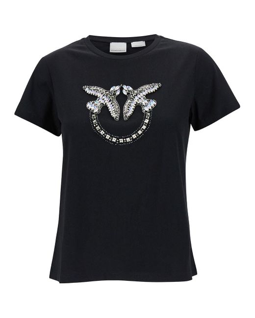 Pinko Black Crewneck T-Shirt With Rhinestone Love Birds