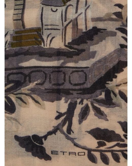 Etro Natural 'Boheme' Scarf With Logo Lettering And All-Over Print