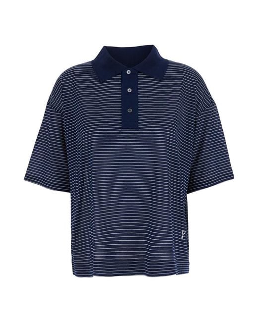 AMI Blue Polo Shirt With Striped Motif And Embroidered Ami De Coeur Logo On The Front