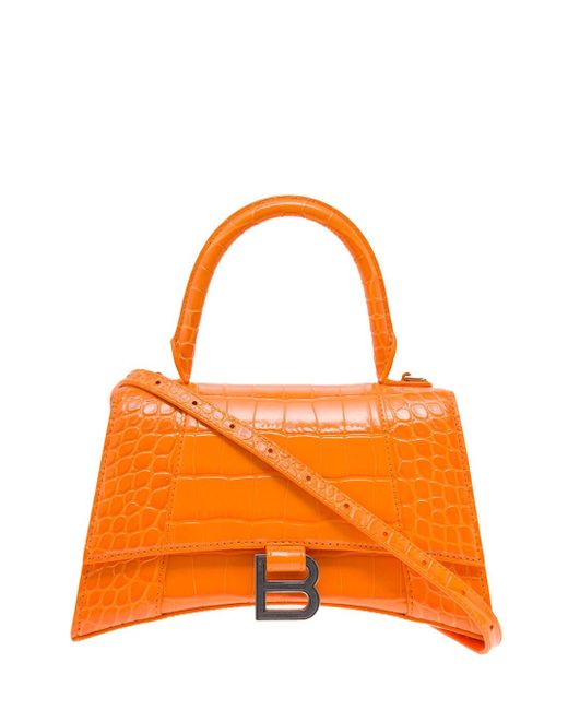 Balenciaga Orange Hourglass Crocodile Printed Leather Handbag Woman