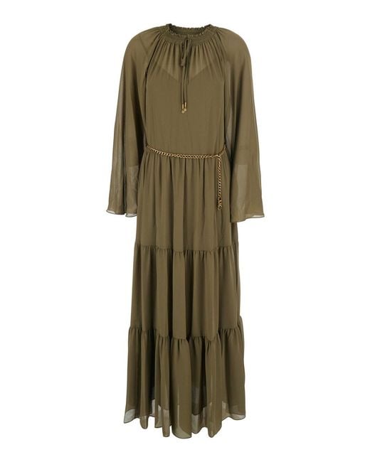 MICHAEL Michael Kors Green Long Dress With Long Sleeves And Ruches Det