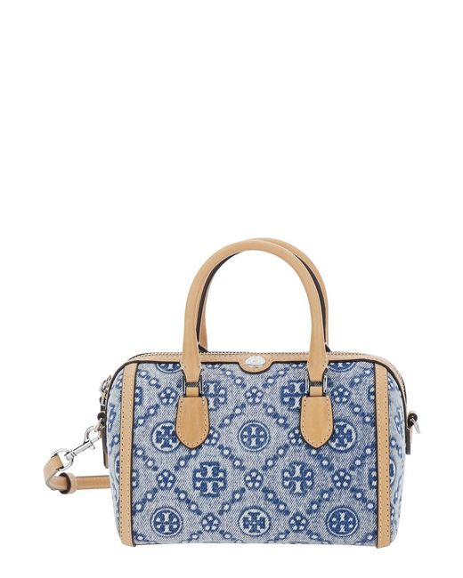 Tory Burch Blue T Monogram Denim Petit Tote Bag With Leather Details For