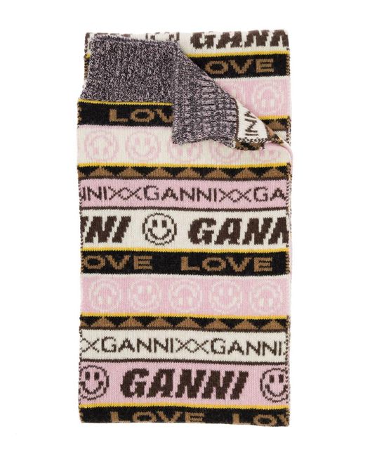 Ganni Gray Graphic Wool Scarf