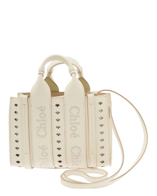 Chloé White Mini Tote Bag With Logo Embroidery And Cut-Out