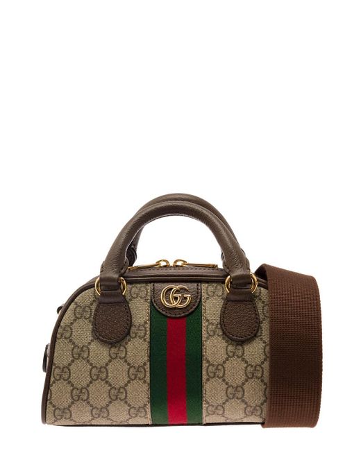 Gucci Brown 'ophidia gg' Mini Beige And Ebony Handbag With Leather Details And Web In gg Supreme Canvas