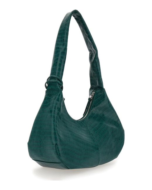 Ganni Green 'Medium Bou' Shoulder Bag With Crocodile Leather Effect And Logo Plaque