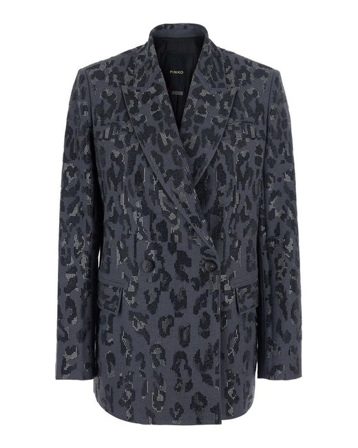 Pinko Blue Double-Breasted Jacket With Jaguar Embellishment With Rhine