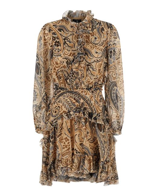 Etro Natural Mini Printed Dress With Print And Long Sleeves