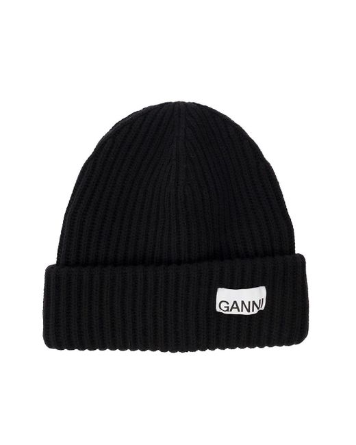 Ganni Black Beenie With Logo Patch On The Front In Wool Blend