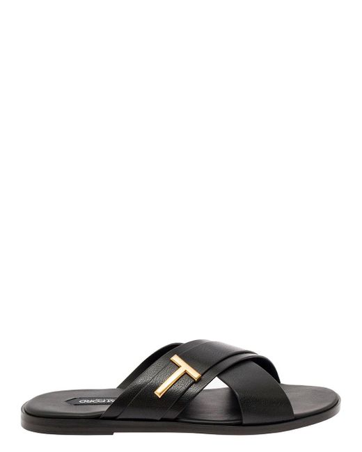 Tom Ford Black 'Preston' Flat Sandals With T Detail for men
