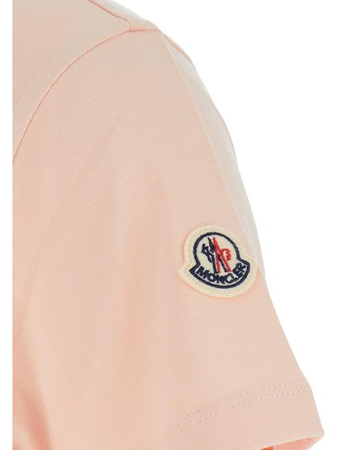 Moncler Pink Crewneck T-Shirt With Tonal Logo Lettering Embroidery On The Front And Logo Patch On The Sleeve