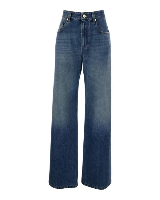 Brunello Cucinelli Blue Jeans With Logo Patch On The Rear And Monil Detail On The Loop