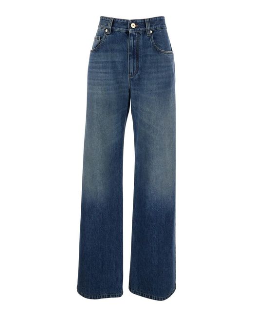 Brunello Cucinelli Blue Jeans With Logo Patch On The Rear And Monil Detail On The Loop