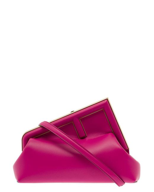 Fendi Pink 'first Midi' Fuchsia Handbag With Oversized Metal F Clasp In Leather