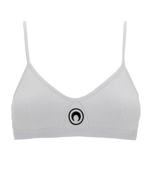 MARINE SERRE Gray White Bra With Contrasting Logo Detail In Ribbed Cotton Woman