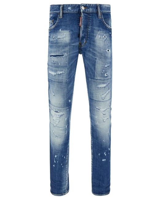 DSquared² Blue Slim Jeans With Rips And Bleach Effect In Cotton Blend Denim Man for men