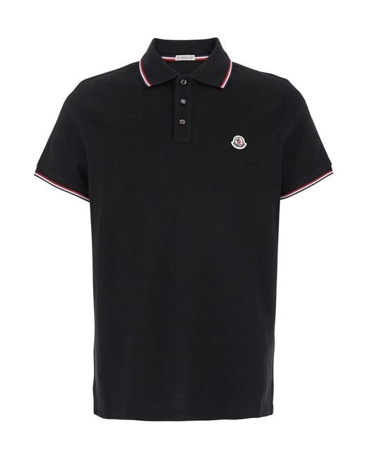 Moncler Black Piquet Cotton Polo Shirt With Logo Patch for men