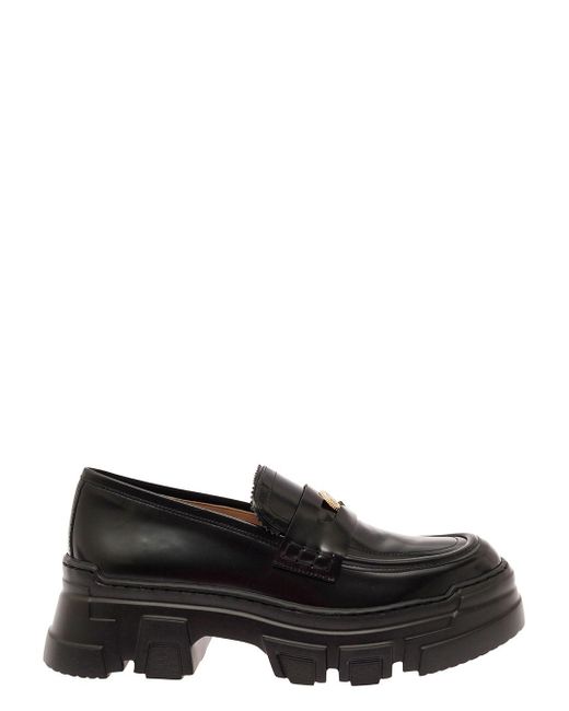 Pollini Black Loafers With Chunky Platform And Royal Penny In Smooth Leather