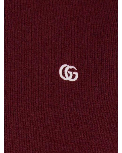 Gucci Red Bordeaux Cardigan With V Neck And Gg Embroidery On The Front for men